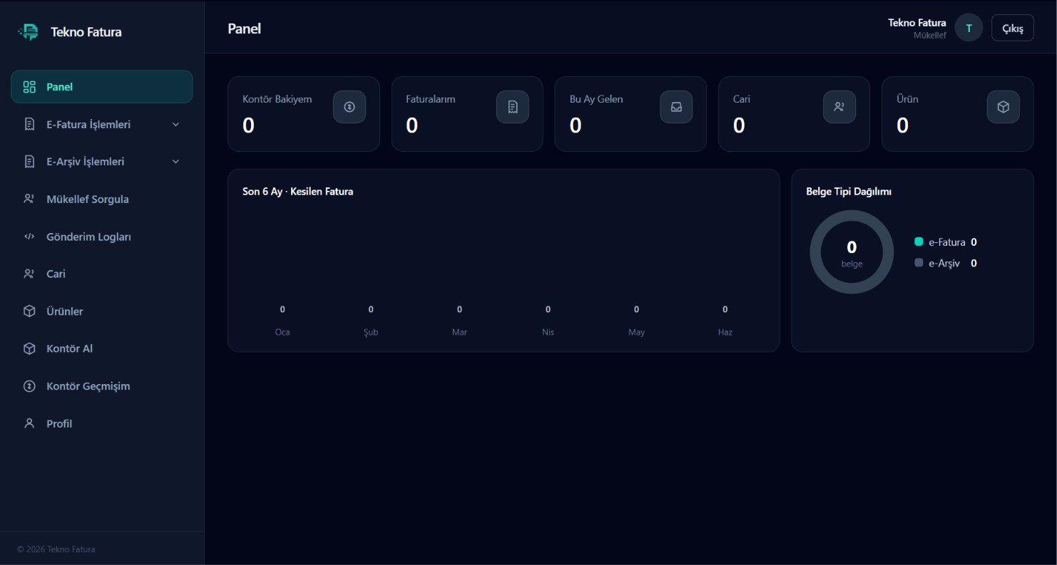 Tekno Fatura web panel ekranı
